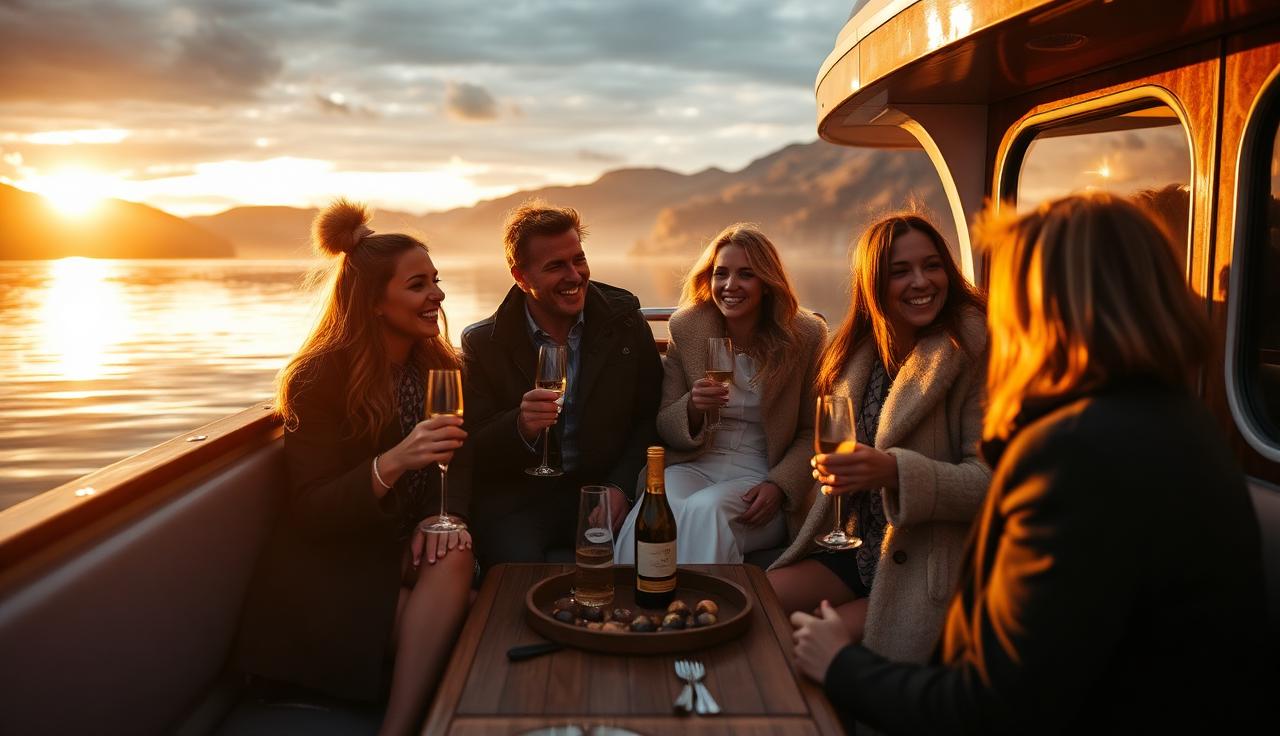 A group enjoying champagne on a private charter at sunset