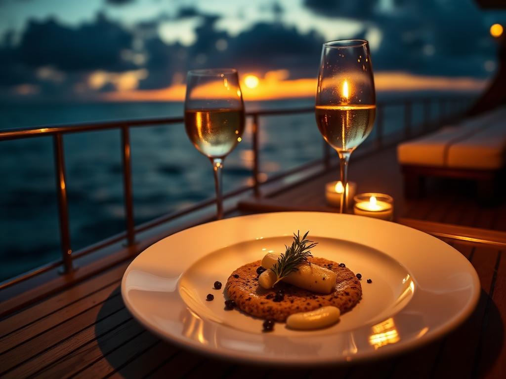 Candle-lit fine dining setup on a boat at sunset